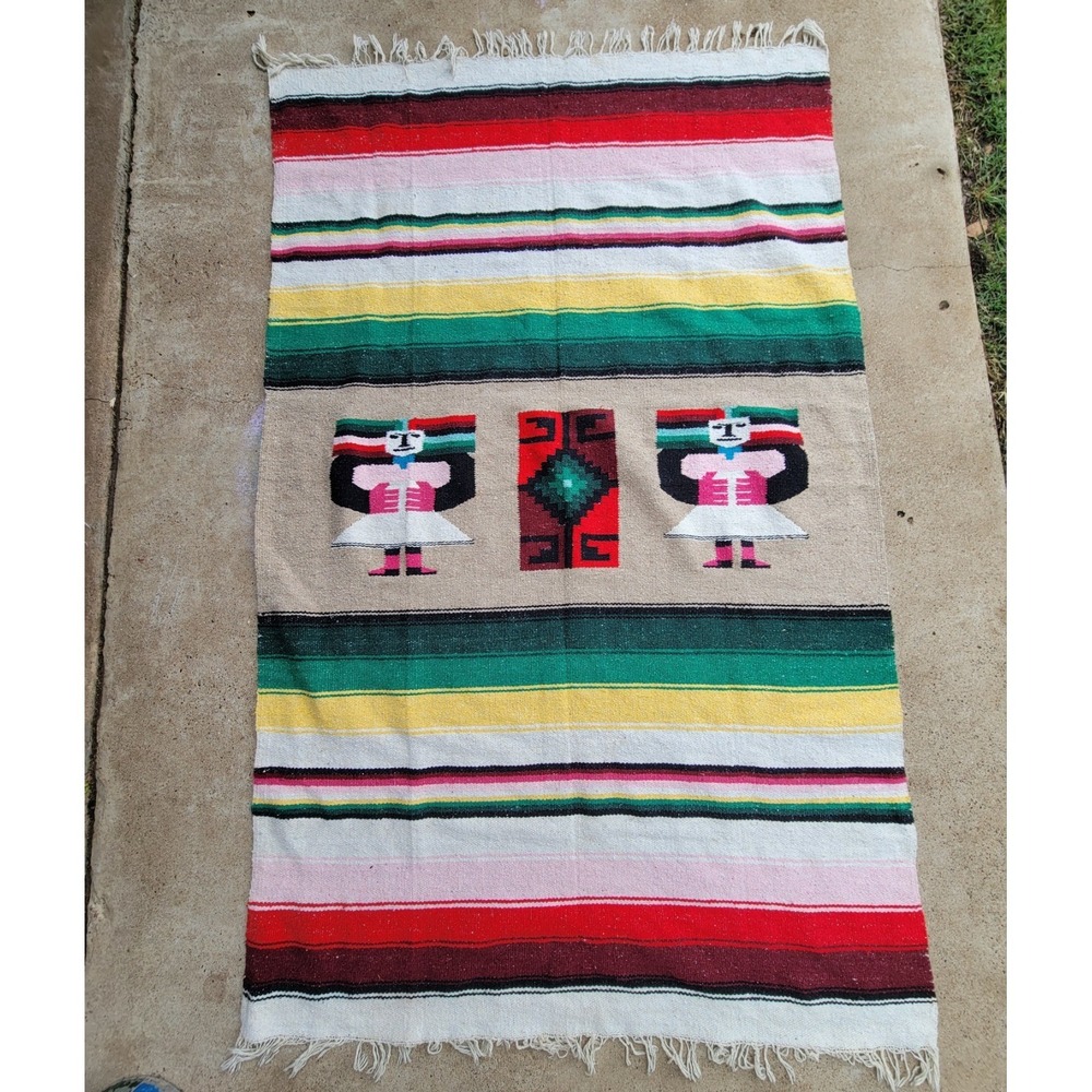 Vintage Mayan Wool Rug Woven Aztec Zapotec Mexican Kilim Blanket 77x48